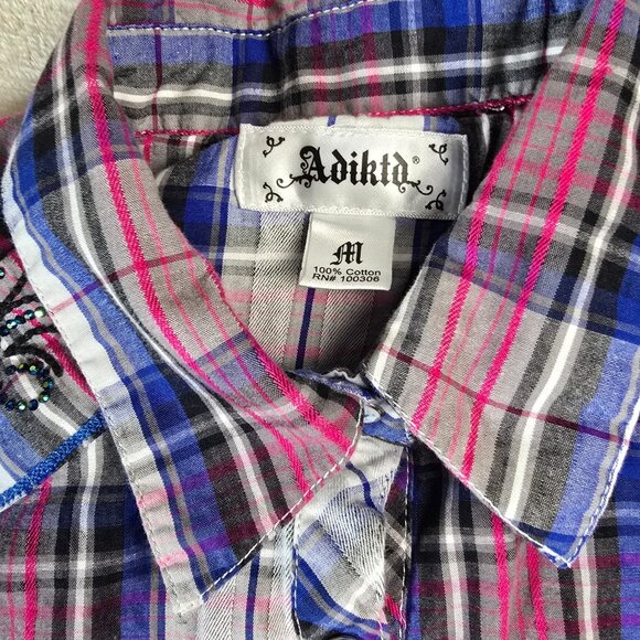 Adiktd Western Top Womens Medium Pink Blue Plaid Embellished Rhinestone Yoke - Picture 3 of 16